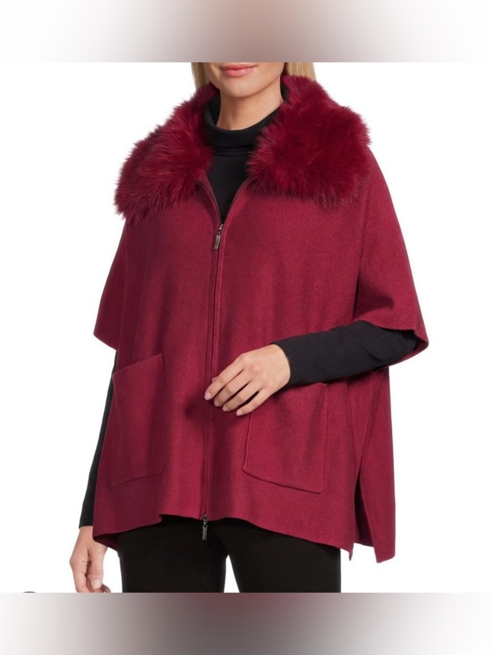 🆕 Investments | Faux Fur Collar Two-Way Zip Front Sweater Poncho